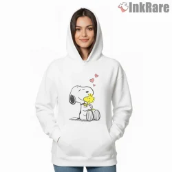Snoopy And Woodstock Valentine Love Hug Shirt on white hoodie for women graphic tee