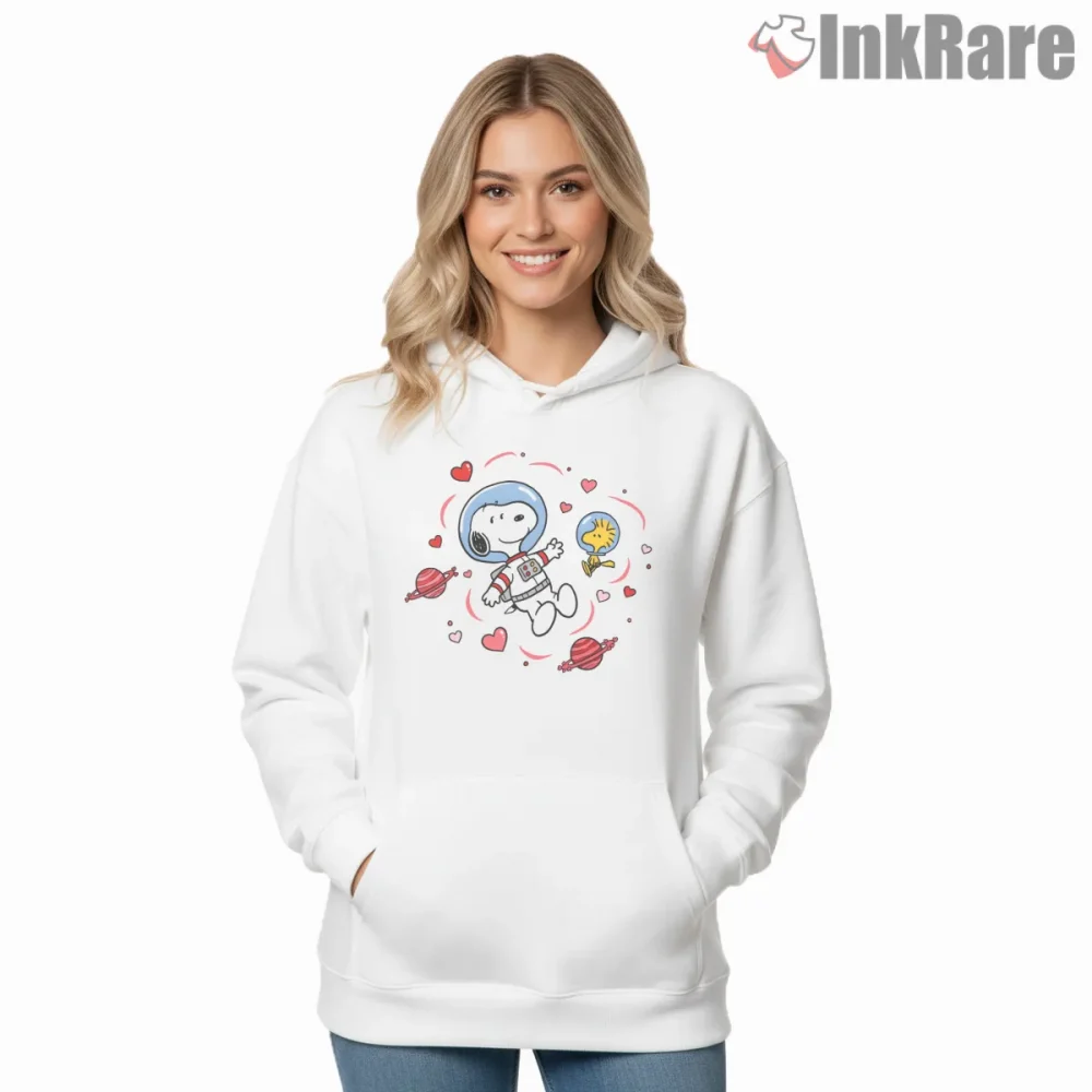 Snoopy And Woodstock Valentine Space Love Shirt on white hoodie for women graphic tee