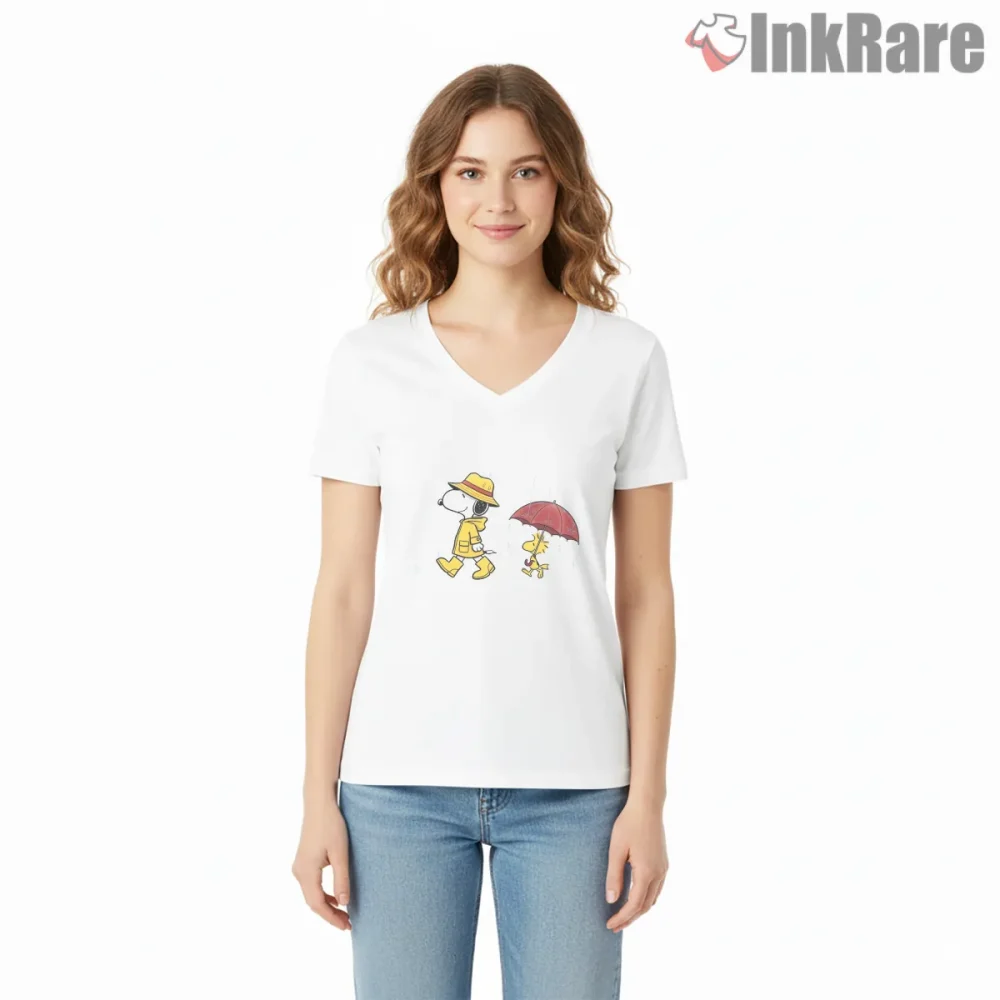 Snoopy And Woodstock Walking In Rain Shirt on white v-neck shirt for women graphic tee