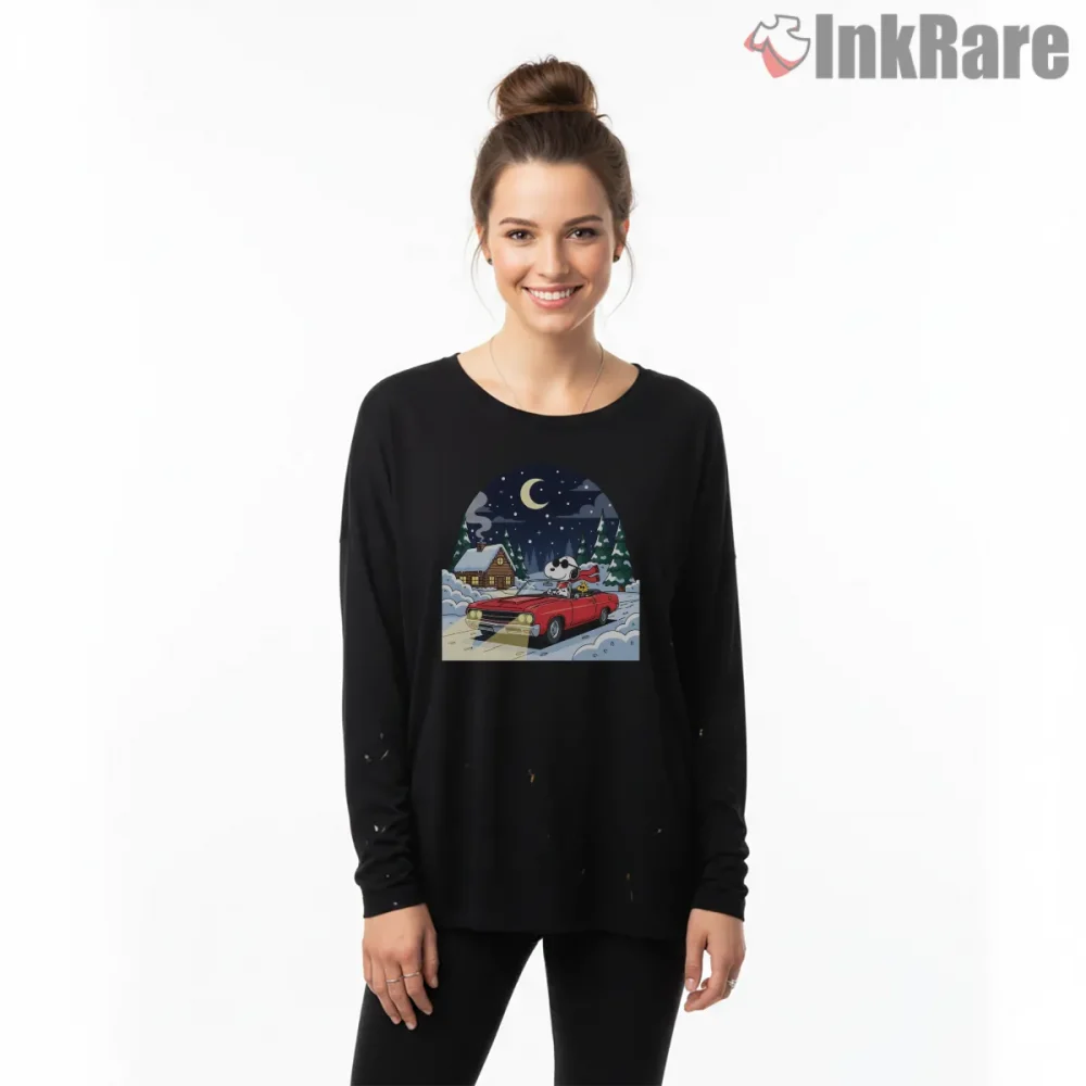 Snoopy And Woodstock Winter Night Drive Cabin Shirt on black long sleeve shirt for women graphic tee