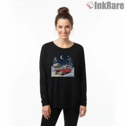Snoopy And Woodstock Winter Night Drive Cabin Shirt on black long sleeve shirt for women graphic tee