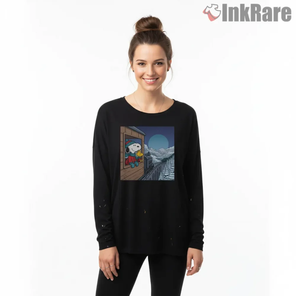 Snoopy And Woodstock Winter Train Adventure Shirt on black long sleeve shirt for women graphic tee