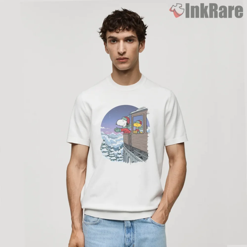 Snoopy And Woodstock Winter Train Shirt on white short sleeve shirt for men graphic tee