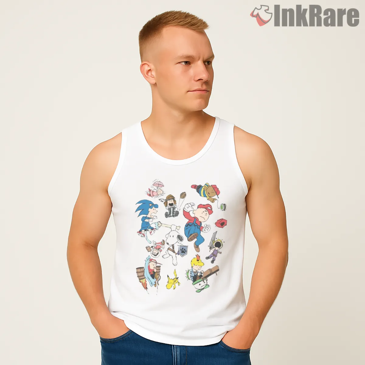 Snoopy Arcade Game Mashup Adventure Tank Top White Snoopy Arcade Game Mashup Adventure Shirt on white tank top for men graphic tee