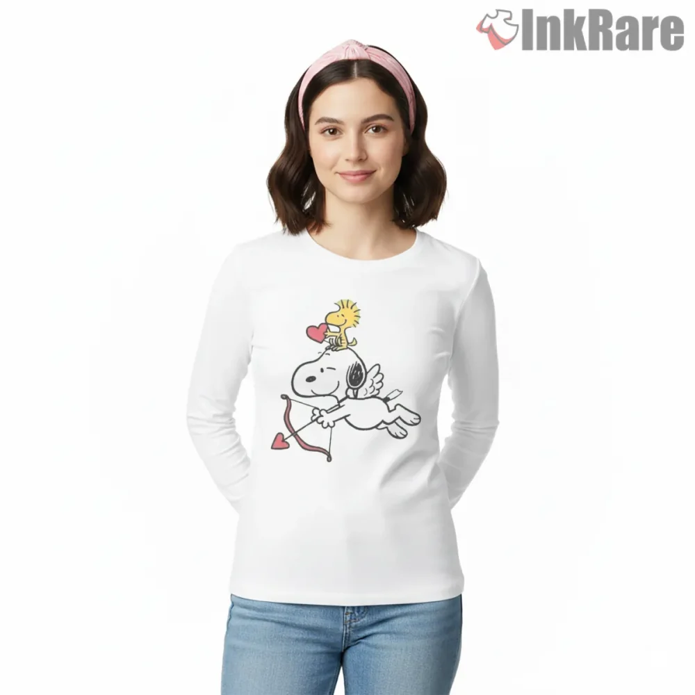 Snoopy As Cupid With Woodstock Valentine Shirt on white long sleeve shirt for women graphic tee
