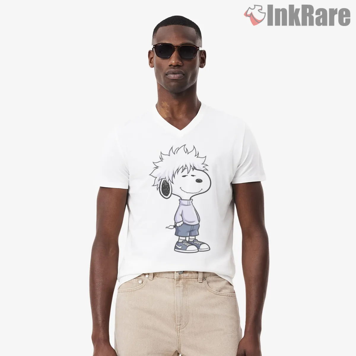 Snoopy As Killua Lightning Assassin Style V Neck White Snoopy As Killua Lightning Assassin Style Shirt on white v-neck shirt for men graphic tee