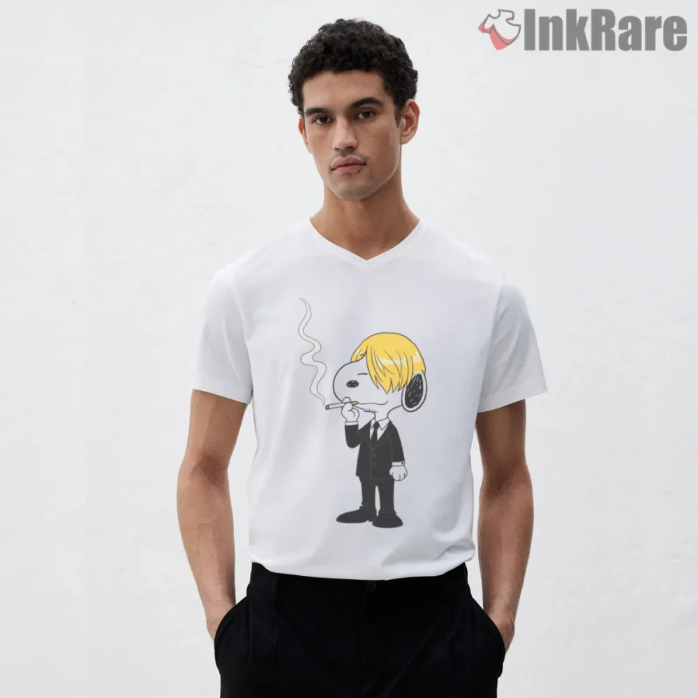 Snoopy As Sanji Stylish Pirate Chef Shirt on white v-neck shirt for men graphic tee