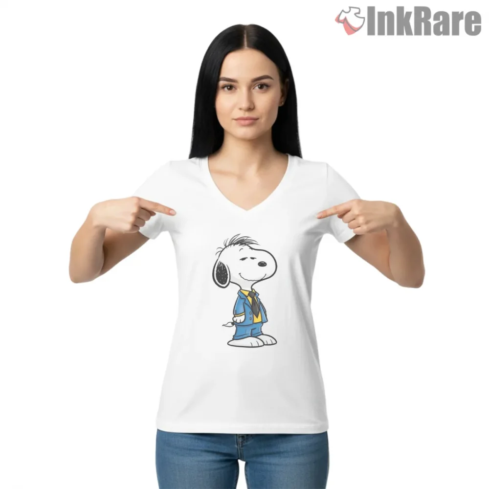 Snoopy As Spike Spiegel Space Cowboy Noir Shirt on white v-neck shirt for women graphic tee
