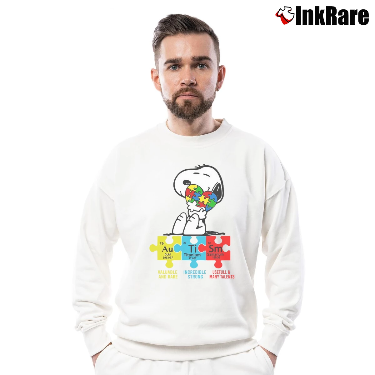 Snoopy Autism Awareness Men’s Crewneck Sweatshirt in white – Soft & Durable Men’s Snoopy Autism Awareness Crewneck Sweatshirt in white | Cozy Fabric, Clean Style