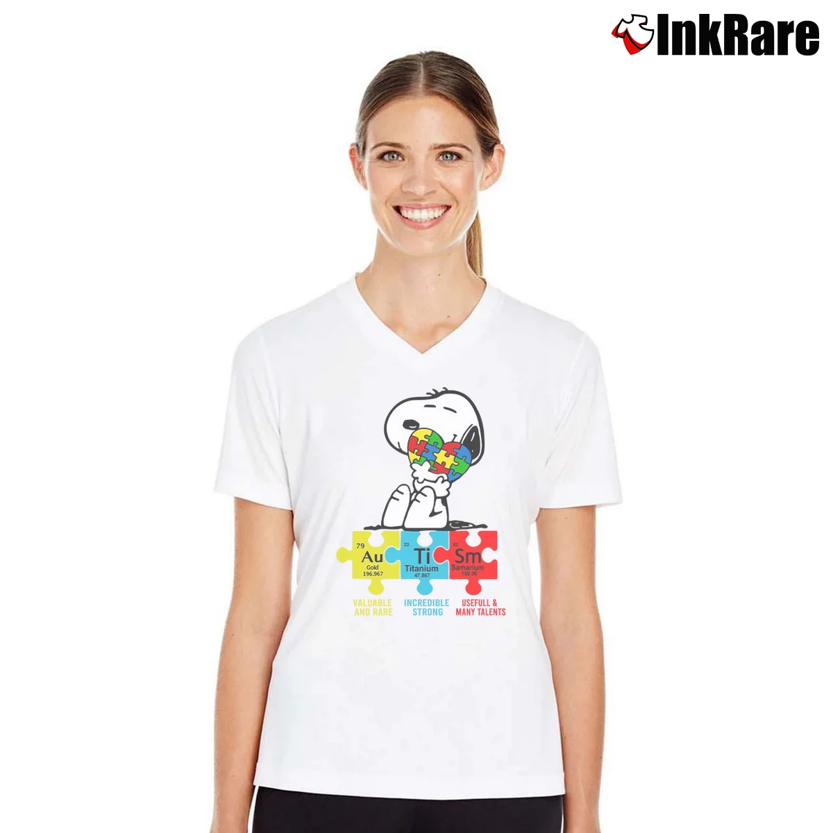 Snoopy Autism Awareness Women’s V-Neck Tee in white – Flattering Fit Women’s Snoopy Autism Awareness V-Neck Tee in white | Chic Neckline, Soft Texture