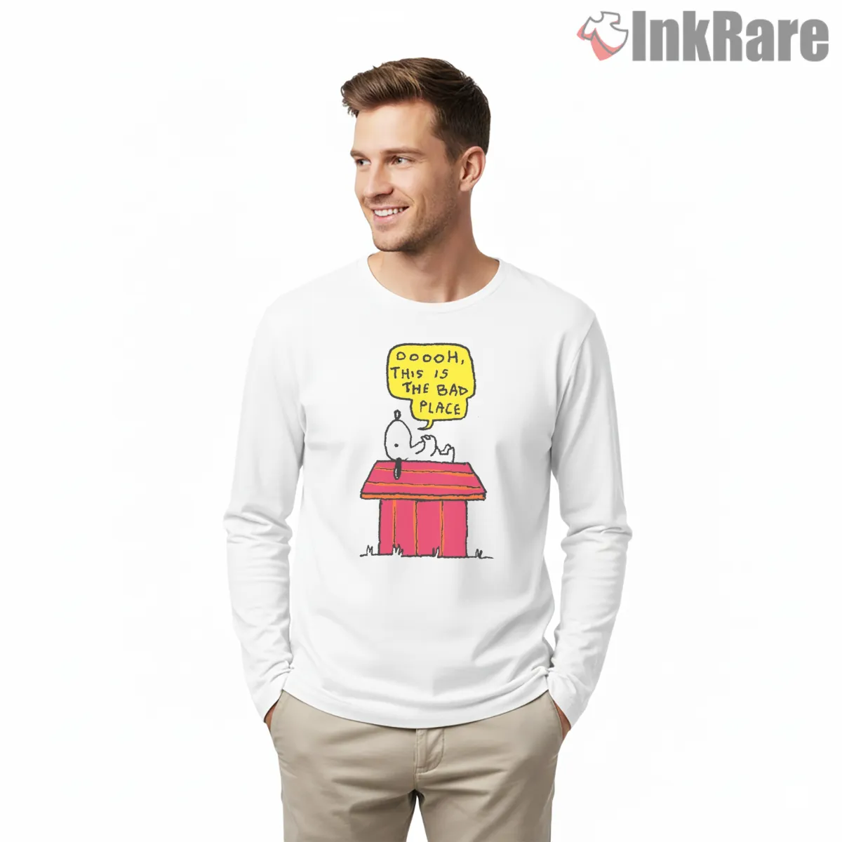 Snoopy Bad Place Thought Bubble Long Sleeve White Snoopy Bad Place Thought Bubble Shirt on white long sleeve shirt for men graphic tee