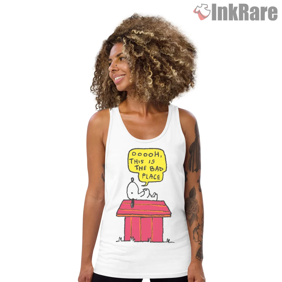 Snoopy Bad Place Thought Bubble Tank Top White Snoopy Bad Place Thought Bubble Shirt on white tank top for women graphic tee