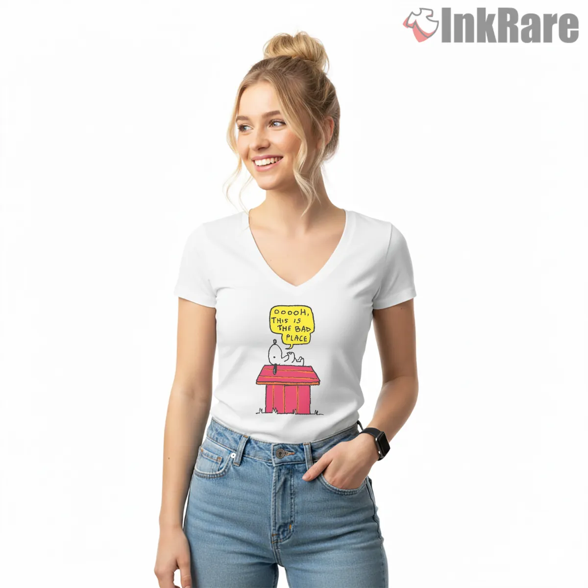 Snoopy Bad Place Thought Bubble V Neck White Snoopy Bad Place Thought Bubble Shirt on white v-neck shirt for women graphic tee