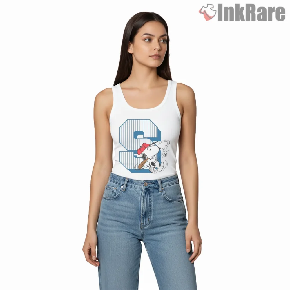 Snoopy Baseball Hitter Big S Logo Shirt on white tank top for women graphic tee