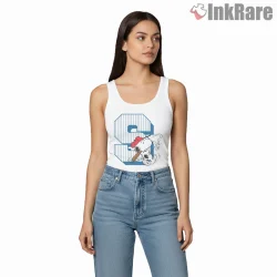 Snoopy Baseball Hitter Big S Logo Shirt on white tank top for women graphic tee
