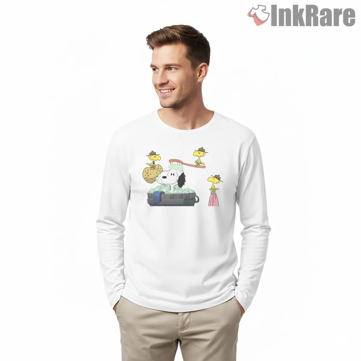 Snoopy Bath Time With Woodstock Long Sleeve White Snoopy Bath Time With Woodstock Shirt on white long sleeve shirt for men graphic tee
