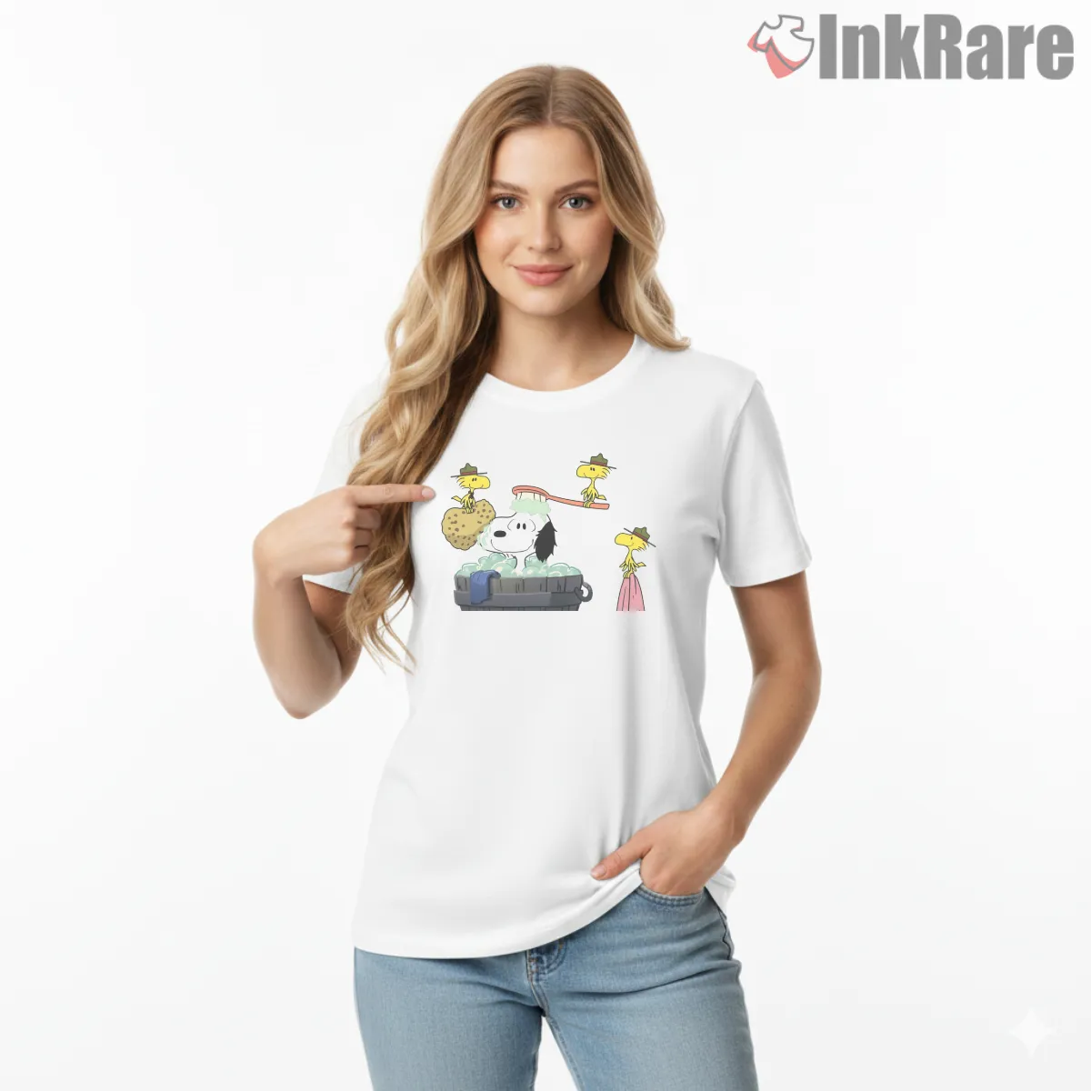 Snoopy Bath Time With Woodstock Short Sleeve White Snoopy Bath Time With Woodstock Shirt on white short sleeve shirt for women graphic tee