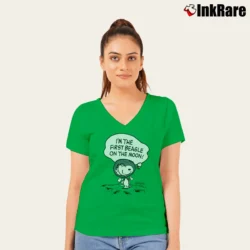 Women’s Snoopy Beagle Astronaut Cartoon V-Neck Tee in irish green | Chic Neckline, Soft Texture