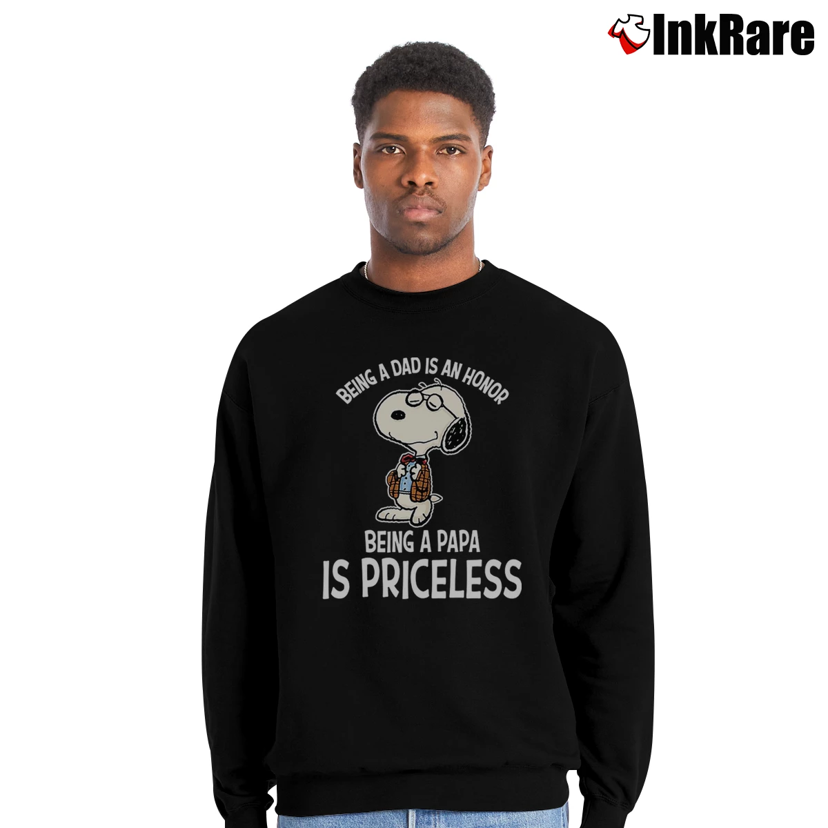 Men’s Snoopy Being A Dad Is An Honor Being A Papa Is Priceless Crewneck Sweatshirt in black | Cozy Fabric, Clean Style
