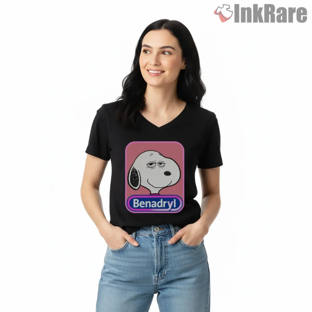 Snoopy Benadryl Parody Pop Culture Shirt on black v-neck shirt for women graphic tee