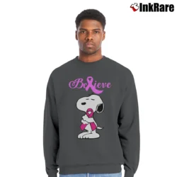 Men’s Snoopy Breast Cancer Awareness Believe Crewneck Sweatshirt in charcoal | Cozy Fabric, Clean Style