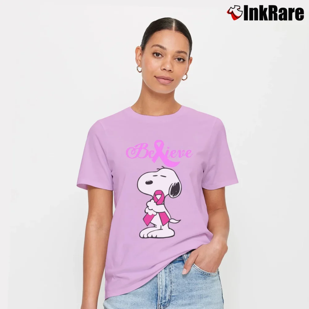 Women’s Snoopy Breast Cancer Awareness Believe Signature T-Shirt in light pink | Soft, Flattering Fit