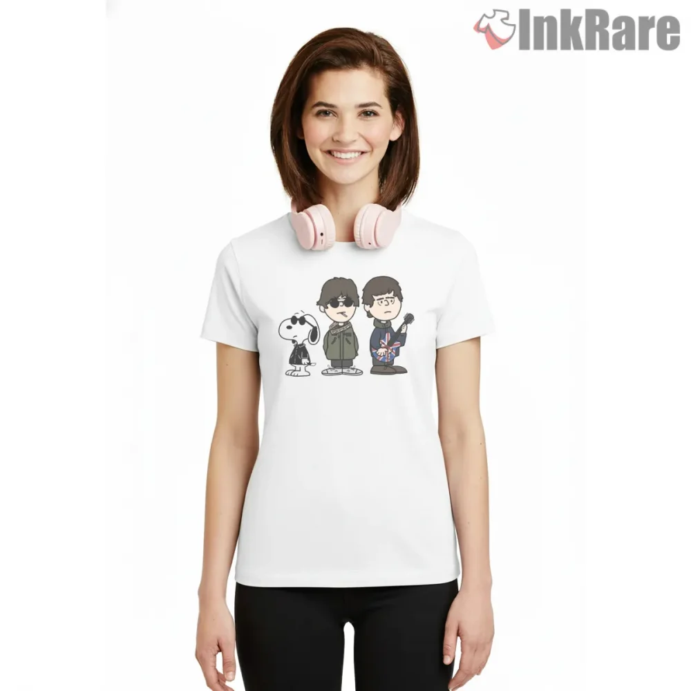 Snoopy Britpop Band Inspired Graphic Shirt on white short sleeve shirt for women graphic tee