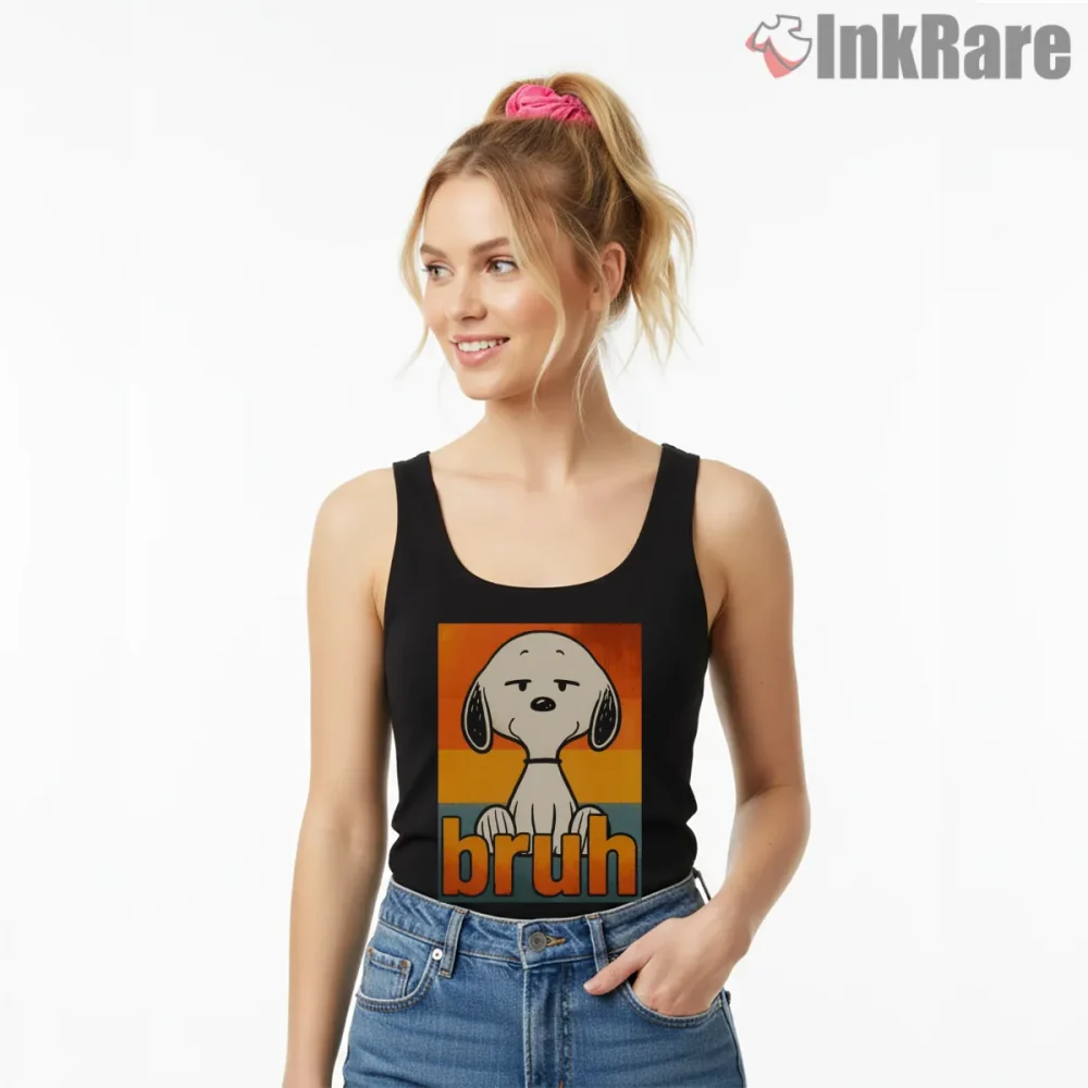 Snoopy Bruh Bold Orange Graphic Shirt on black tank top for women graphic tee