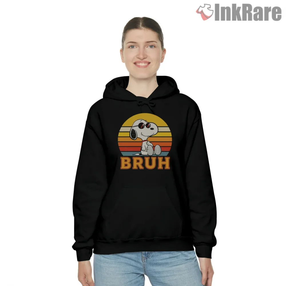 Snoopy Bruh Retro Sunset Graphic Shirt on black hoodie for women graphic tee