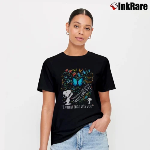 Snoopy Butterfly Sometimes I Just Look Up Smile And Say I Know That Was You Women’s Tee in black – Effortless Style Women’s Snoopy Butterfly Sometimes I Just Look Up Smile And Say I Know That Was You T-Shirt in black | Soft, Flattering Fit