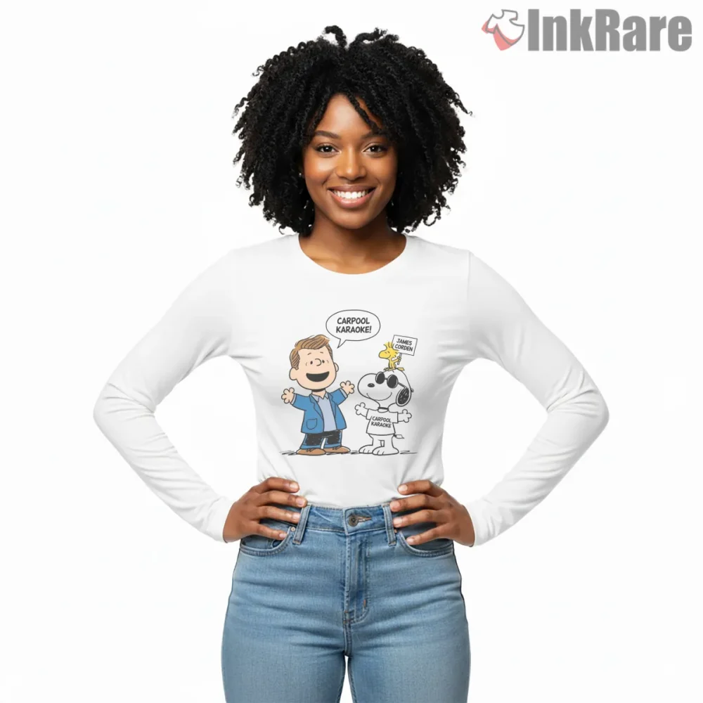 Snoopy Carpool Karaoke Talk Show Parody Shirt on white long sleeve shirt for women graphic tee