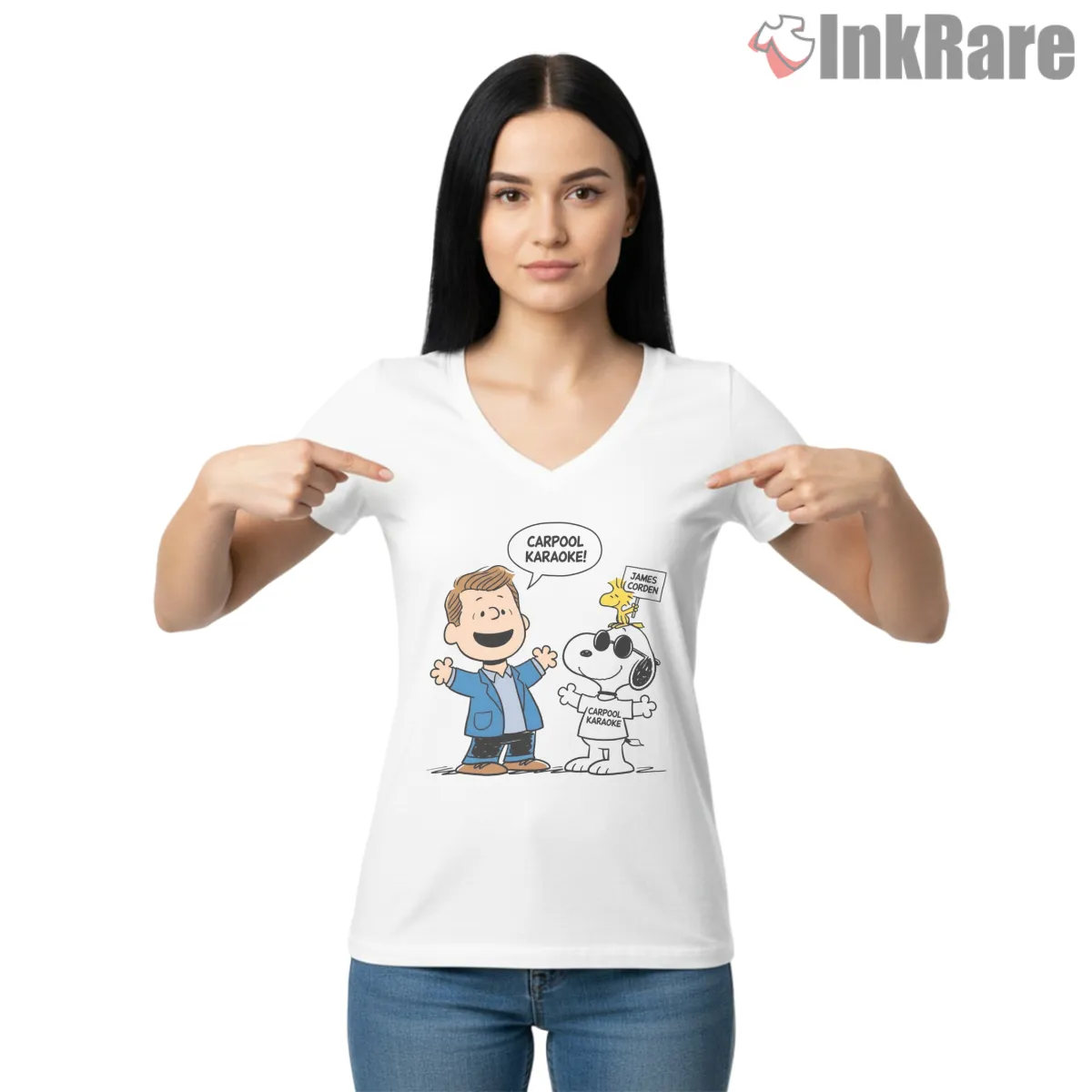 Snoopy Carpool Karaoke Talk Show Parody V Neck White Snoopy Carpool Karaoke Talk Show Parody Shirt on white v-neck shirt for women graphic tee