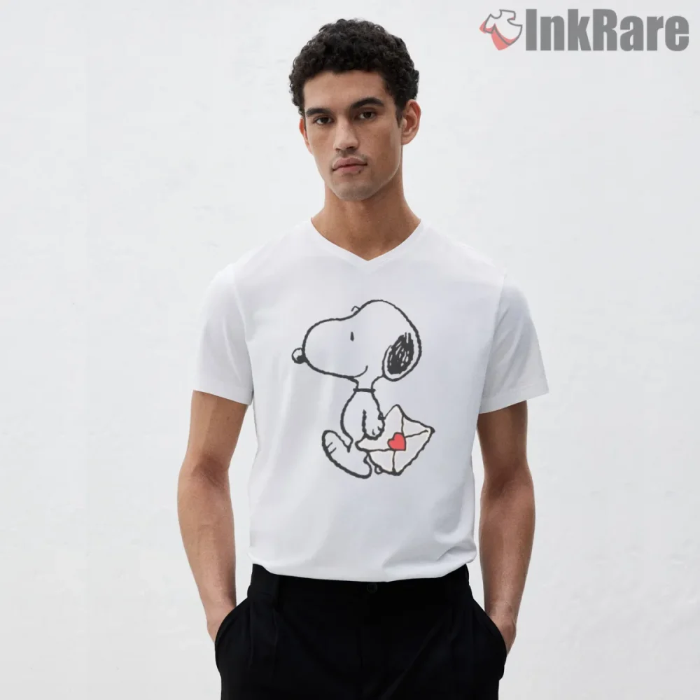 Snoopy Carrying Love Letter Valentine Shirt on white v-neck shirt for men graphic tee