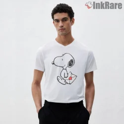 Snoopy Carrying Love Letter Valentine Shirt on white v-neck shirt for men graphic tee