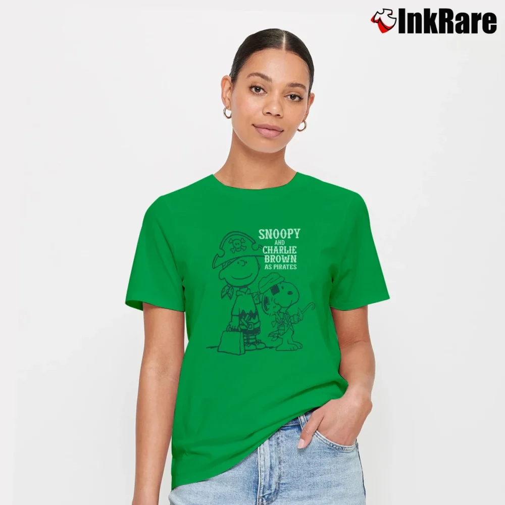 Women’s Snoopy Charlie Brown As Pirates Cartoon Character Signature T-Shirt in irish green | Soft, Flattering Fit