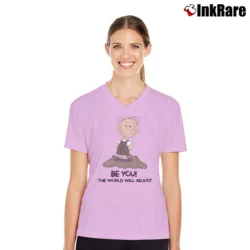 Women’s Snoopy Charlie Brown Be You The World Will Adjust V-Neck Tee in light pink | Chic Neckline, Soft Texture