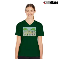 Women’s Snoopy Charlie Brown Crosswalk Cartoon V-Neck Tee in forest green | Chic Neckline, Soft Texture
