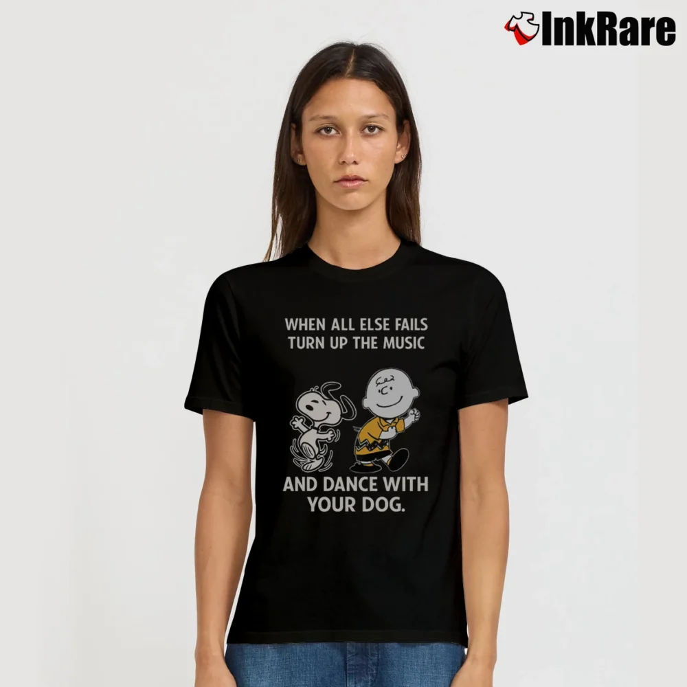 Women’s Snoopy Charlie Brown Dance With Your Dog T-Shirt in black | Soft, Flattering Fit