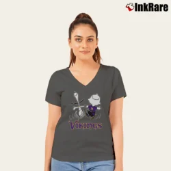 Women’s Snoopy Charlie Brown Happy Minnesota Vikings Fans V-Neck Tee in charcoal | Chic Neckline, Soft Texture