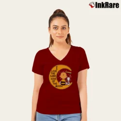 Women’s Snoopy Charlie Brown I Love The Dark Side Of The Moon V-Neck Tee in maroon | Chic Neckline, Soft Texture