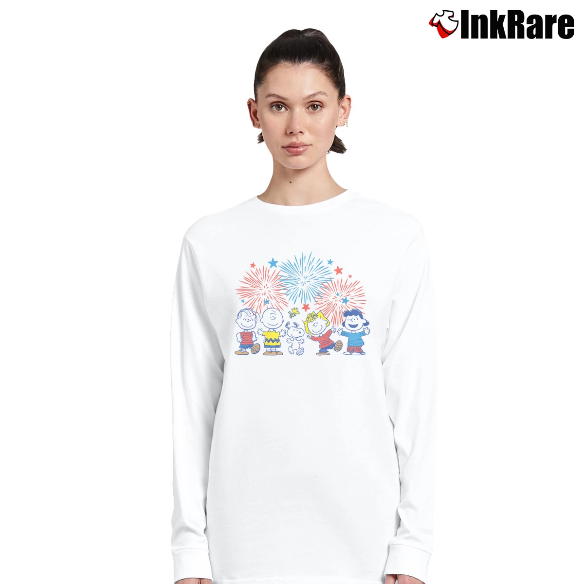 Women’s Snoopy Charlie Brown Linus Lucy Sally Fireworks Long-Sleeve Top in white | Sleek, Versatile, All-Season