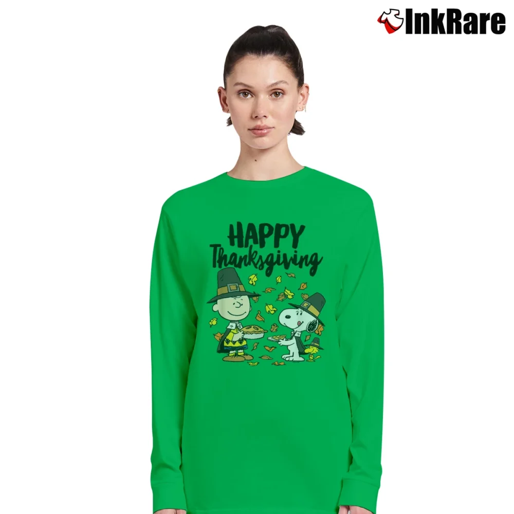 Women’s Snoopy Charlie Brown Pilgrim Thanksgiving Long-Sleeve Top in irish green | Sleek, Versatile, All-Season