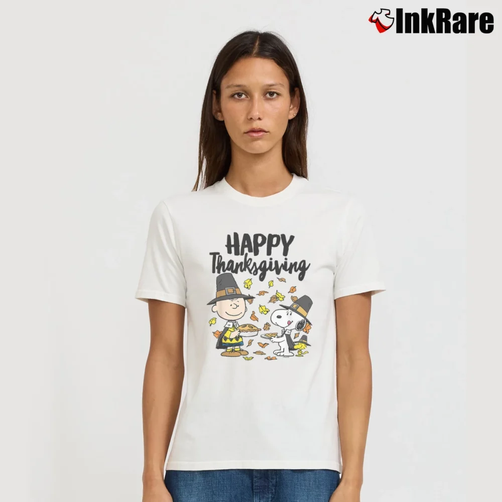 Women’s Snoopy Charlie Brown Pilgrim Thanksgiving Signature T-Shirt in white | Soft, Flattering Fit