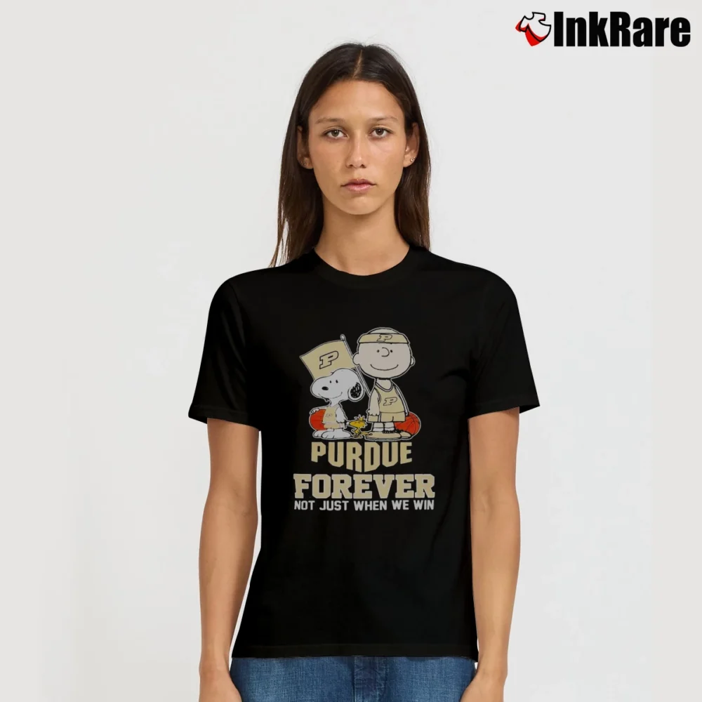 Women’s Snoopy Charlie Brown Purdue Boilermakers Forever Not Just When We Win T-Shirt in black | Soft, Flattering Fit