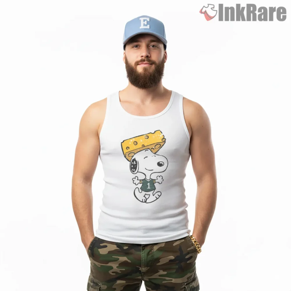 Snoopy Cheesehead Distressed Sports Shirt on white tank top for men graphic tee