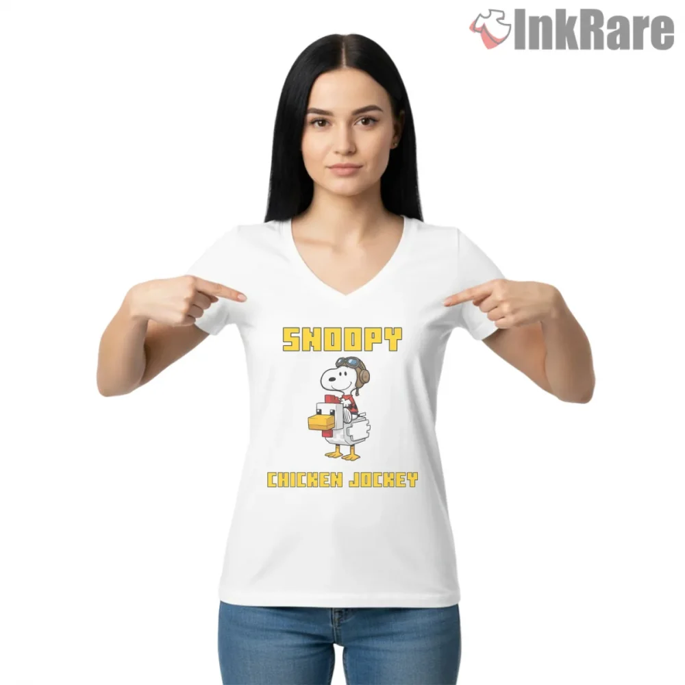 Snoopy Chicken Jockey Funny Parody Shirt on white v-neck shirt for women graphic tee