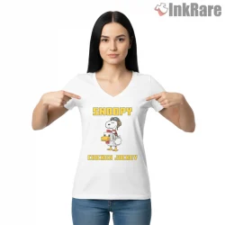 Snoopy Chicken Jockey Funny Parody Shirt on white v-neck shirt for women graphic tee
