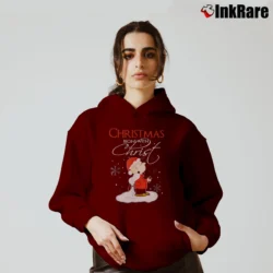Women’s Snoopy Christmas Begins With Christ Peanuts Cozy Hoodie in maroon | Warm, Structured, Stylish