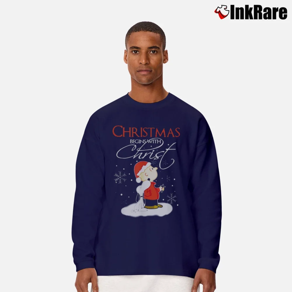 Men’s Snoopy Christmas Begins With Christ Peanuts Long-Sleeve Shirt in navy | Sleek, Lightweight, Year-Round Wear