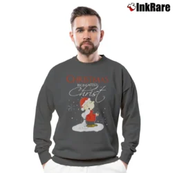 Men’s Snoopy Christmas Begins With Christ Peanuts Crewneck Sweatshirt in charcoal | Cozy Fabric, Clean Style